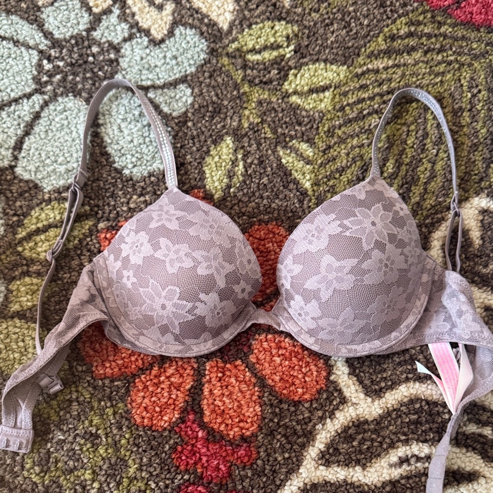 Rhinestone trim Floral Lace Underwire Wear Everywhere Push Up Bra - Taupe 32A